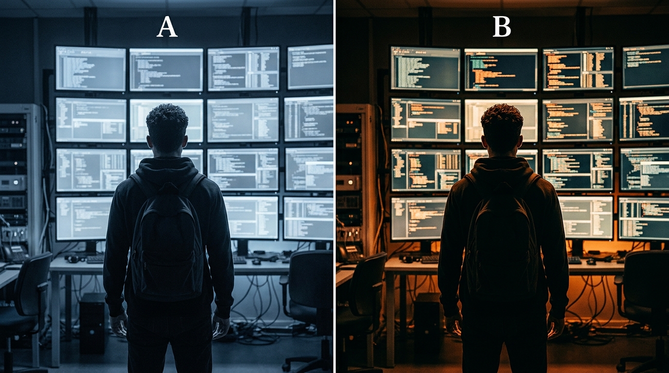 The same scene twice side by side, marked A and B, one graded cold and flat, one warm and high contrast