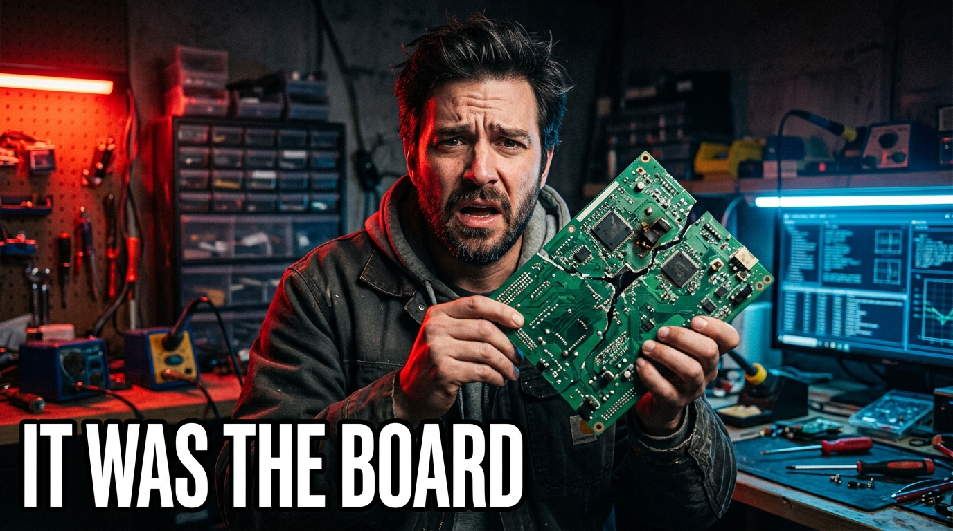 A YouTube thumbnail of a man in a workshop holding a cracked circuit board, headline IT WAS THE BOARD