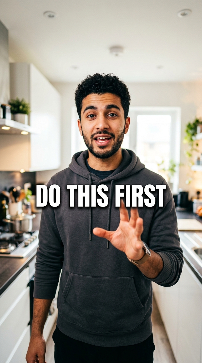 A full-height vertical Shorts cover of a man mid-sentence in a kitchen, headline DO THIS FIRST in the middle of the frame