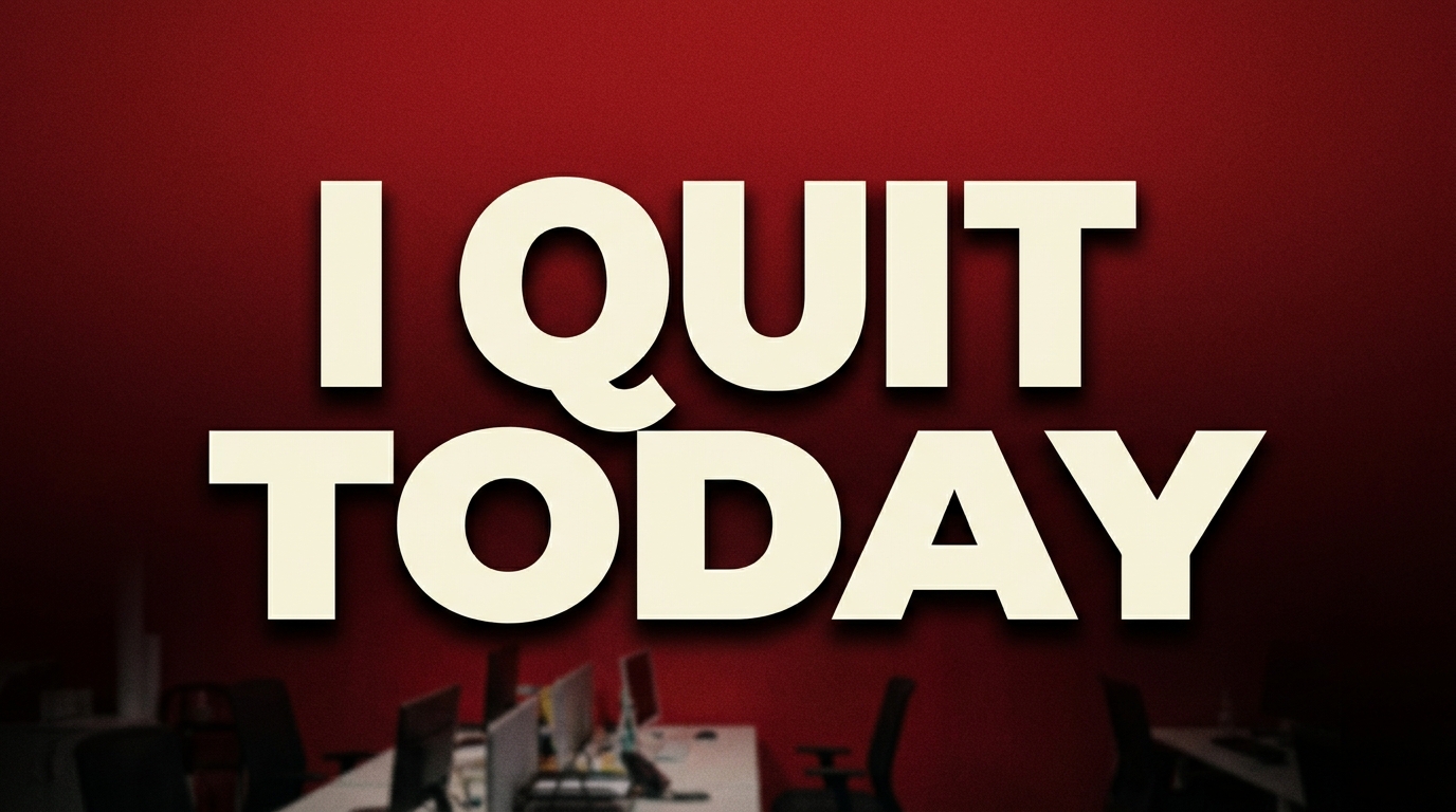 A thumbnail that is almost entirely type: I QUIT TODAY in huge cream capitals on deep red