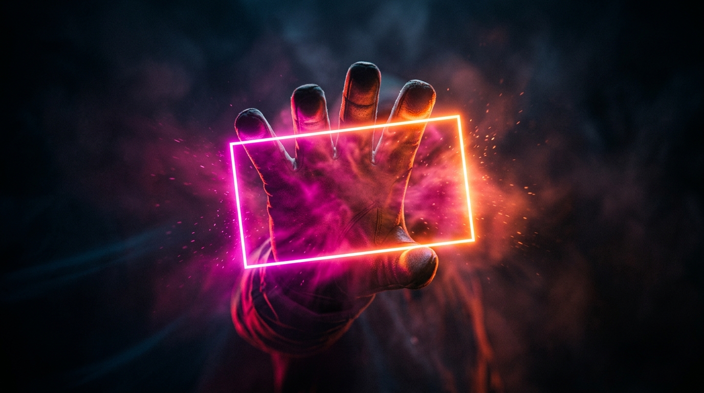 A hand reaching toward the camera holding a glowing rectangular frame, lit magenta and orange