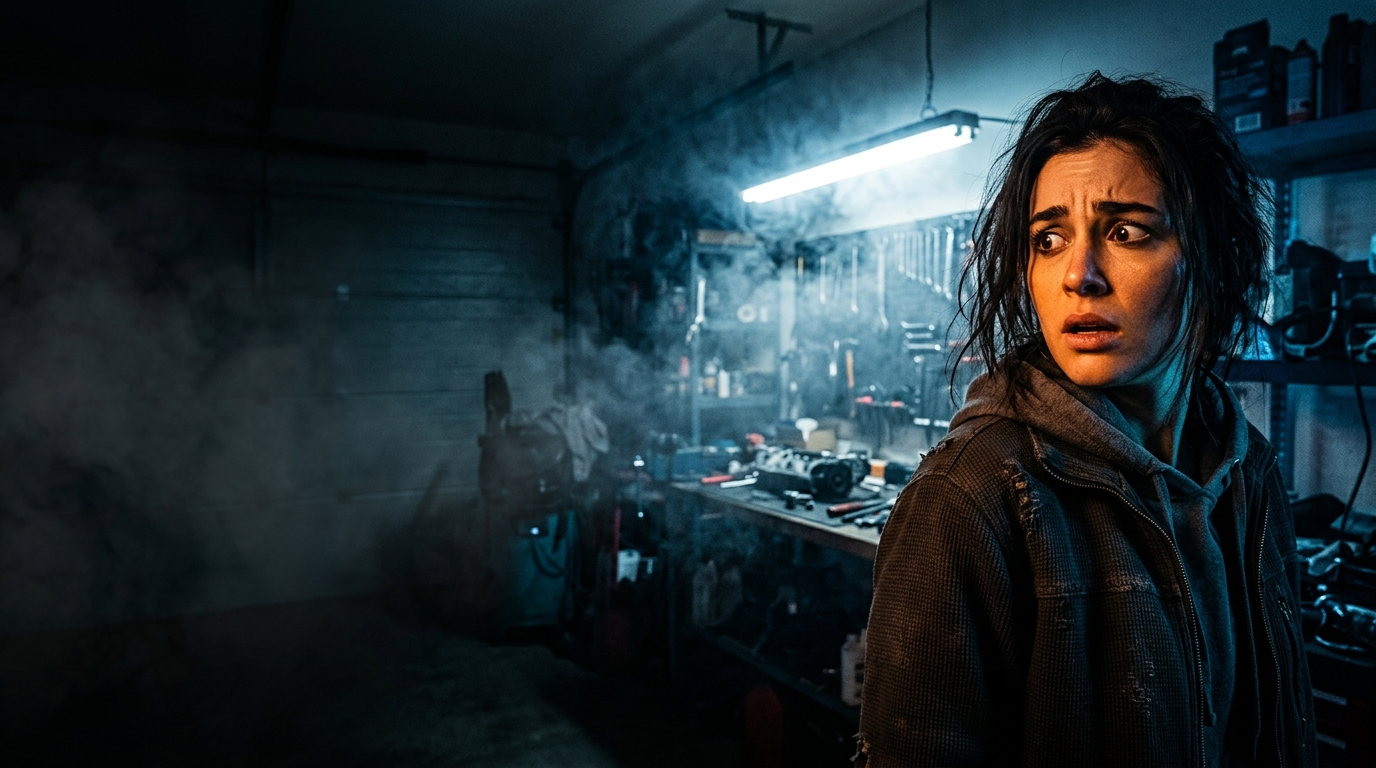 Thumbnail of a woman looking alarmed in a smoky garage lit by a work light, left third left empty for text