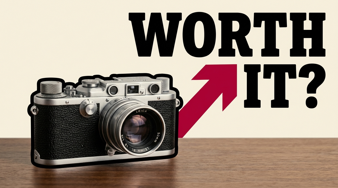 Poster-style thumbnail: cream background, outlined vintage camera, heavy black type reading WORTH IT?