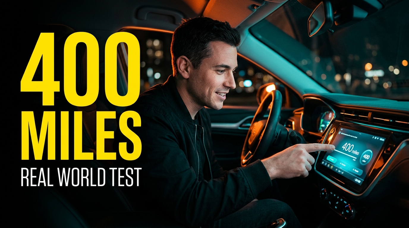 Night-time car review thumbnail with the headline 400 MILES and a smaller line reading REAL WORLD TEST
